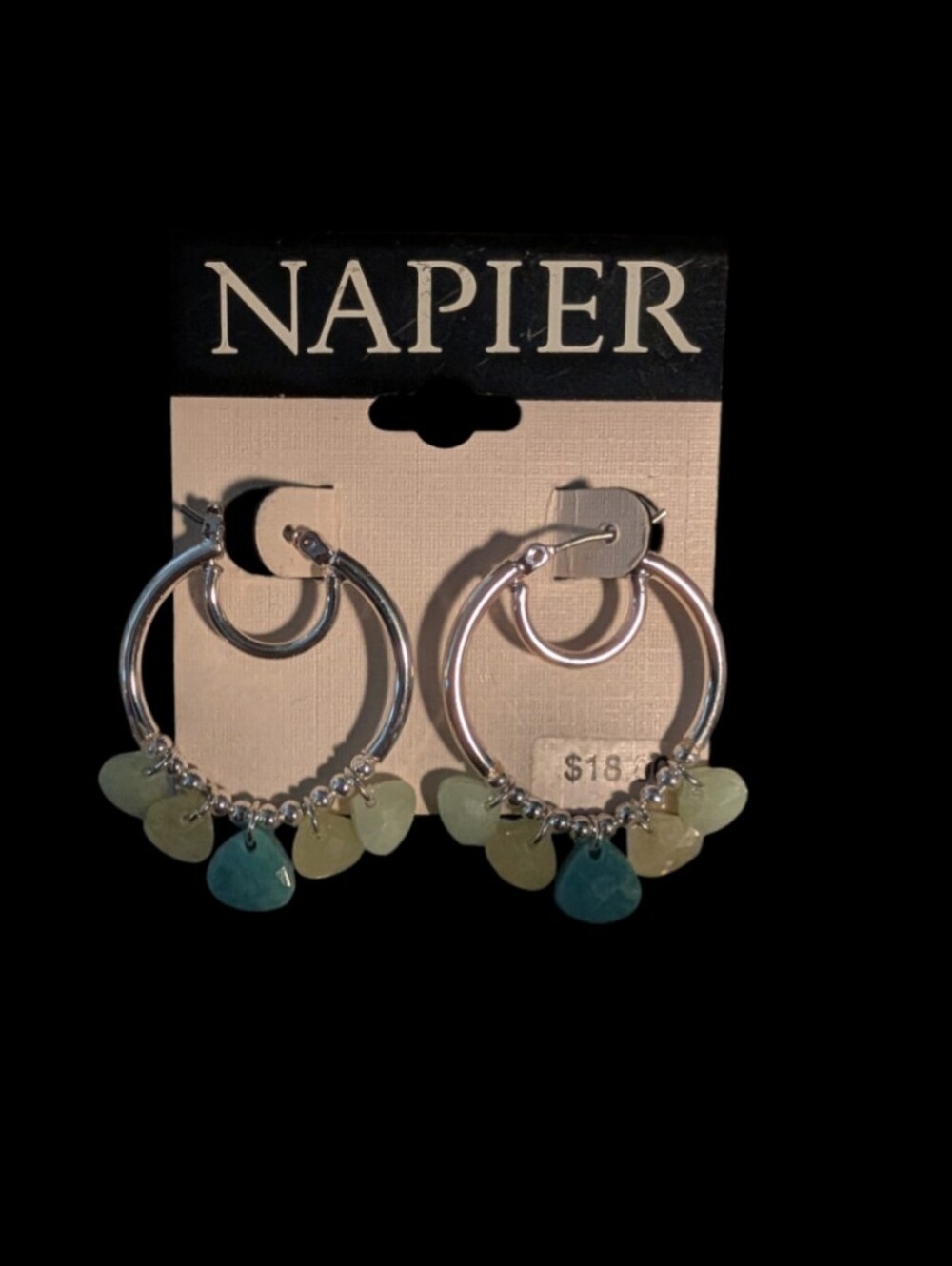 NWT Napier Silver Double Hoop Teal Green Charm Earrings